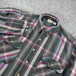 Vintage Five Brother Shirt Mens Large Tall Green Blue Plaid Flannel USA Made 90s